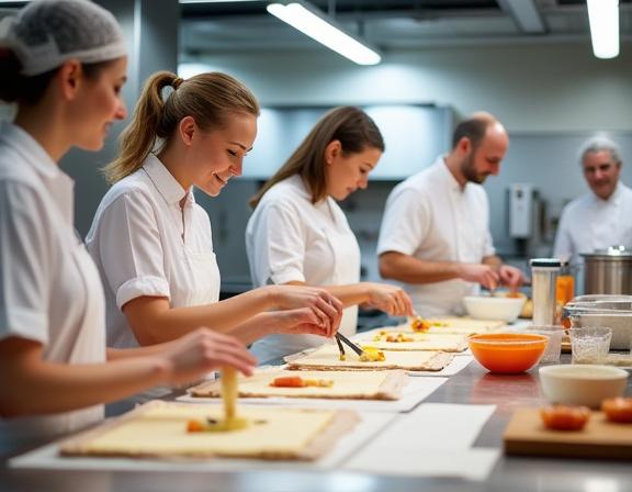 Partecipanti sorridenti durante un corso di pasticceria nel nostro laboratorio.