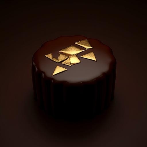 Torta moderna al cioccolato fondente con decorazioni geometriche dorate.